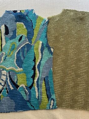 Plisse tops, one multi blue/green, one olive green, Medium, Travel wear